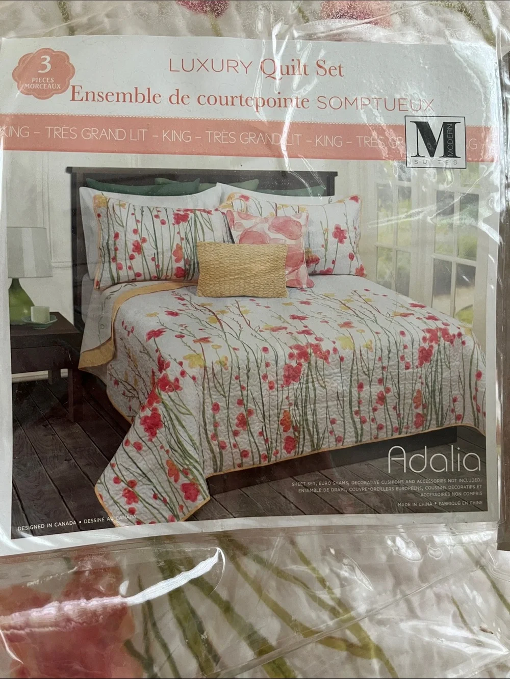 Floral Meadow Quilted Bedspread Set in White, Pink & Yellow and 2 pillow shams